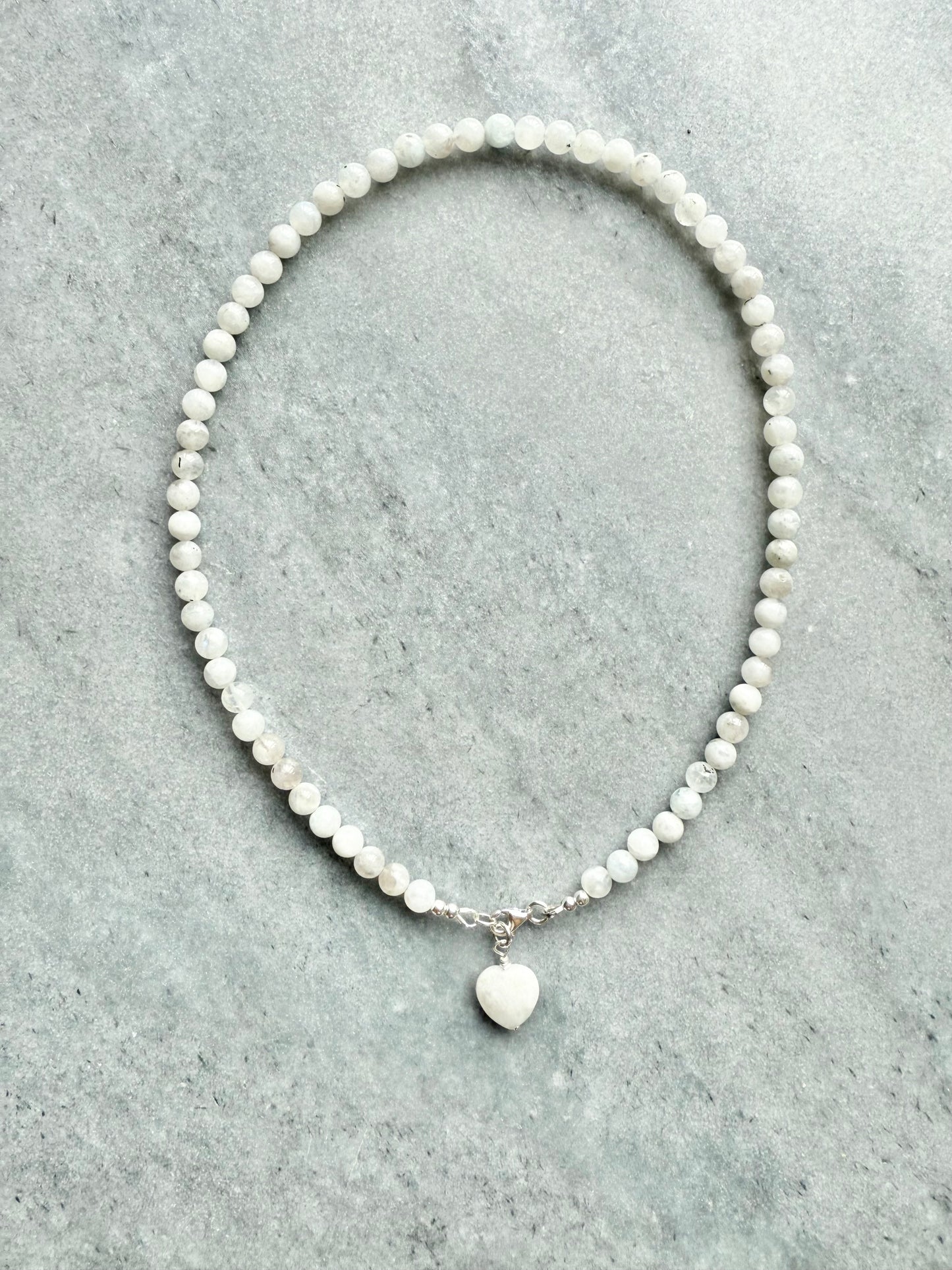 White moonstone beaded necklace with detachable moonstone heart charm