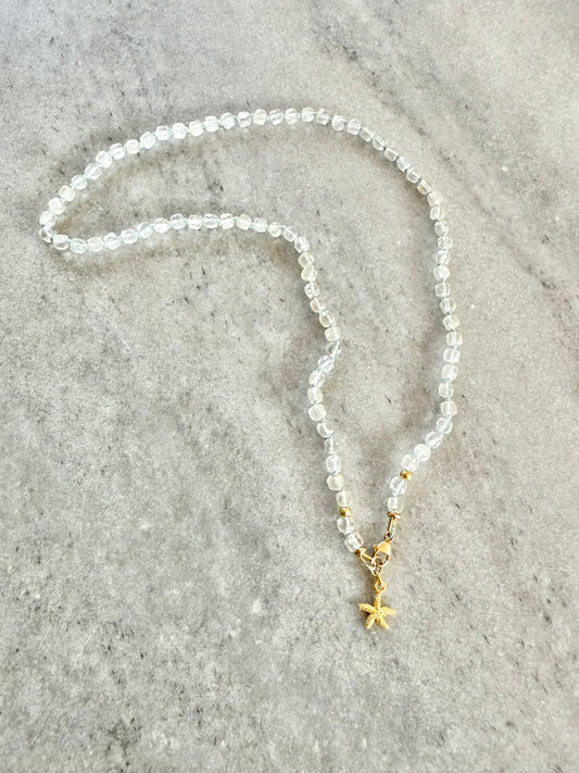 Blue Topaz Silk Knotted Necklace / Starfish Charm