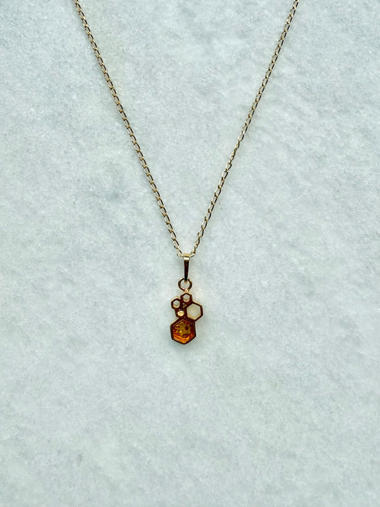 Amber Honeycomb Pendant Necklace / Gold Vermeil