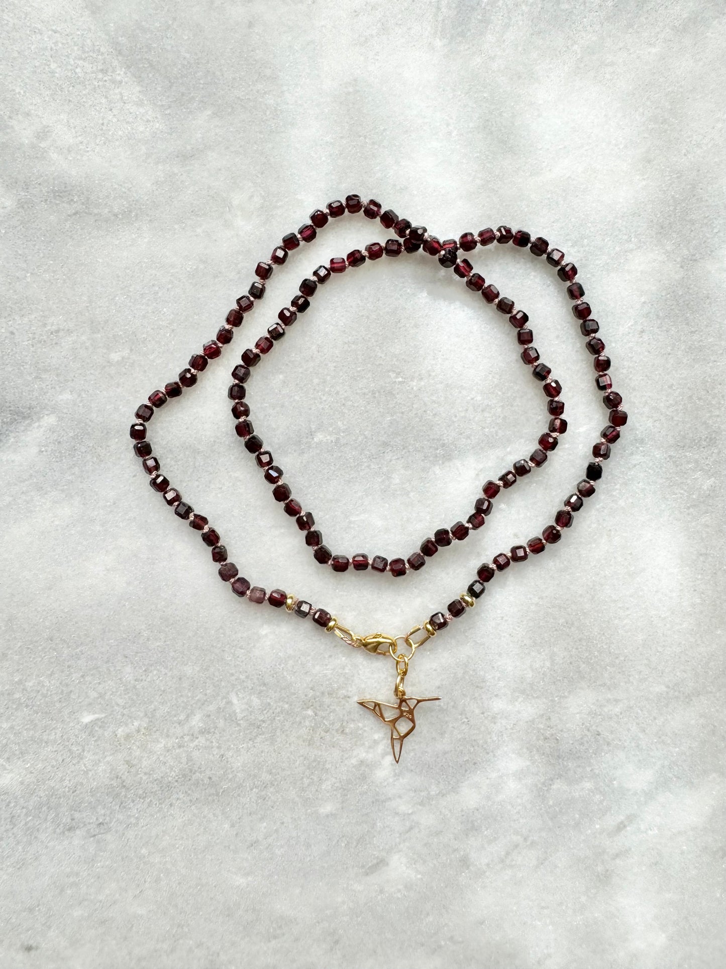 Hand Knotted Garnet Necklace / Hummingbird Charm