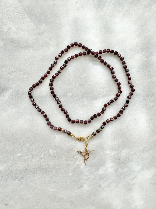 Hand Knotted Garnet Necklace / Hummingbird Charm