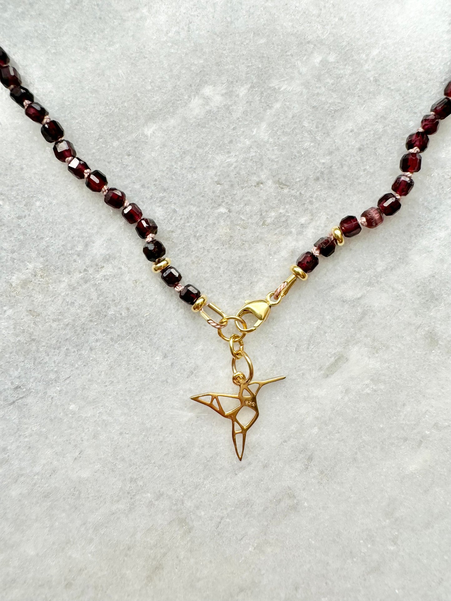 Hand Knotted Garnet Necklace / Hummingbird Charm