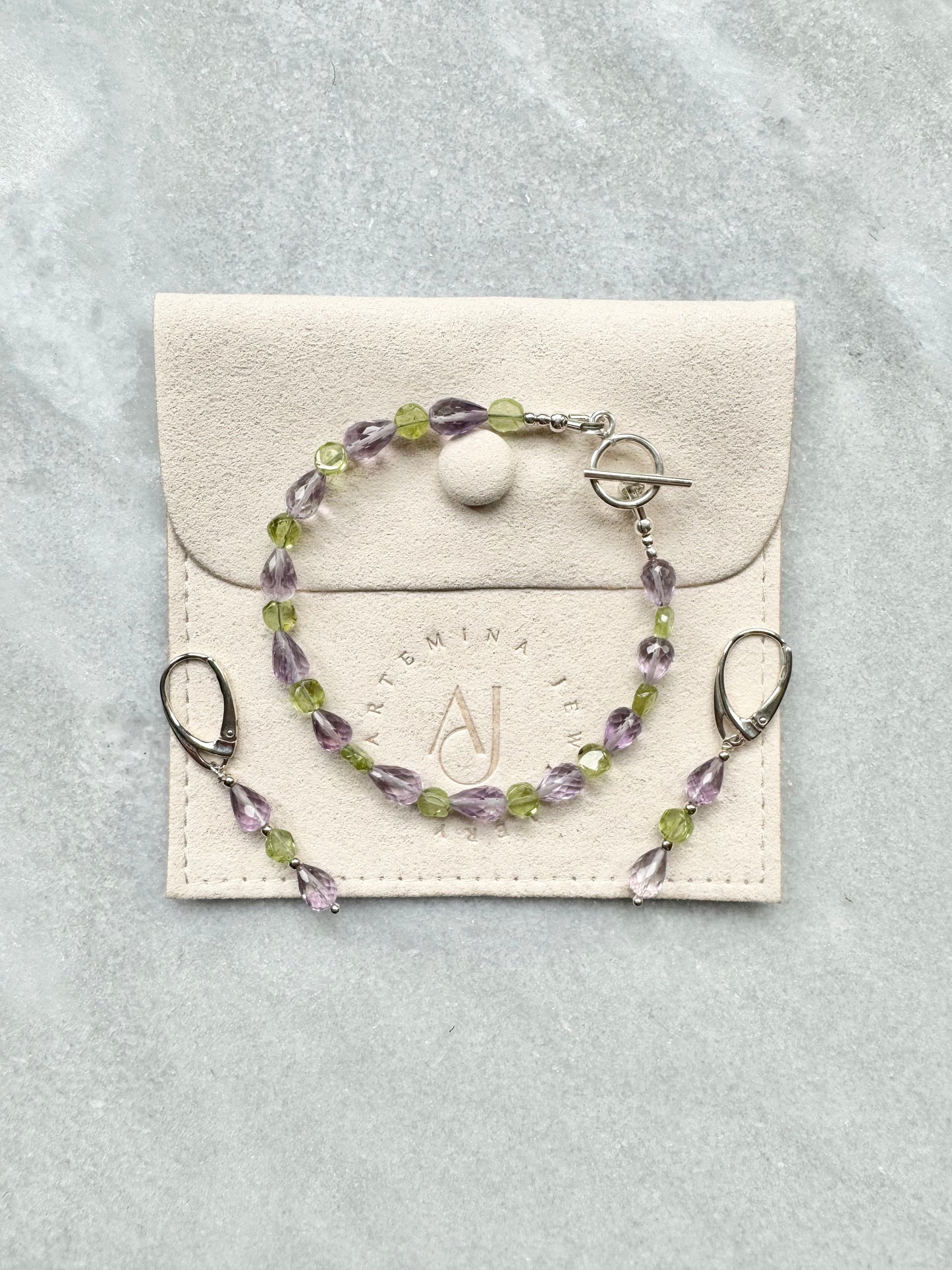 Morning Dew Pink Amethyst & Peridot Silver Bracelet