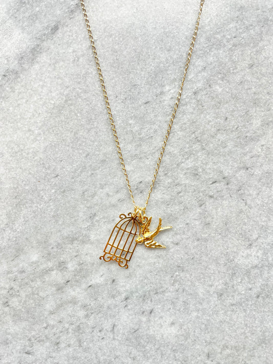 Bird & Cage Pendant Necklace / Gold Vermeil