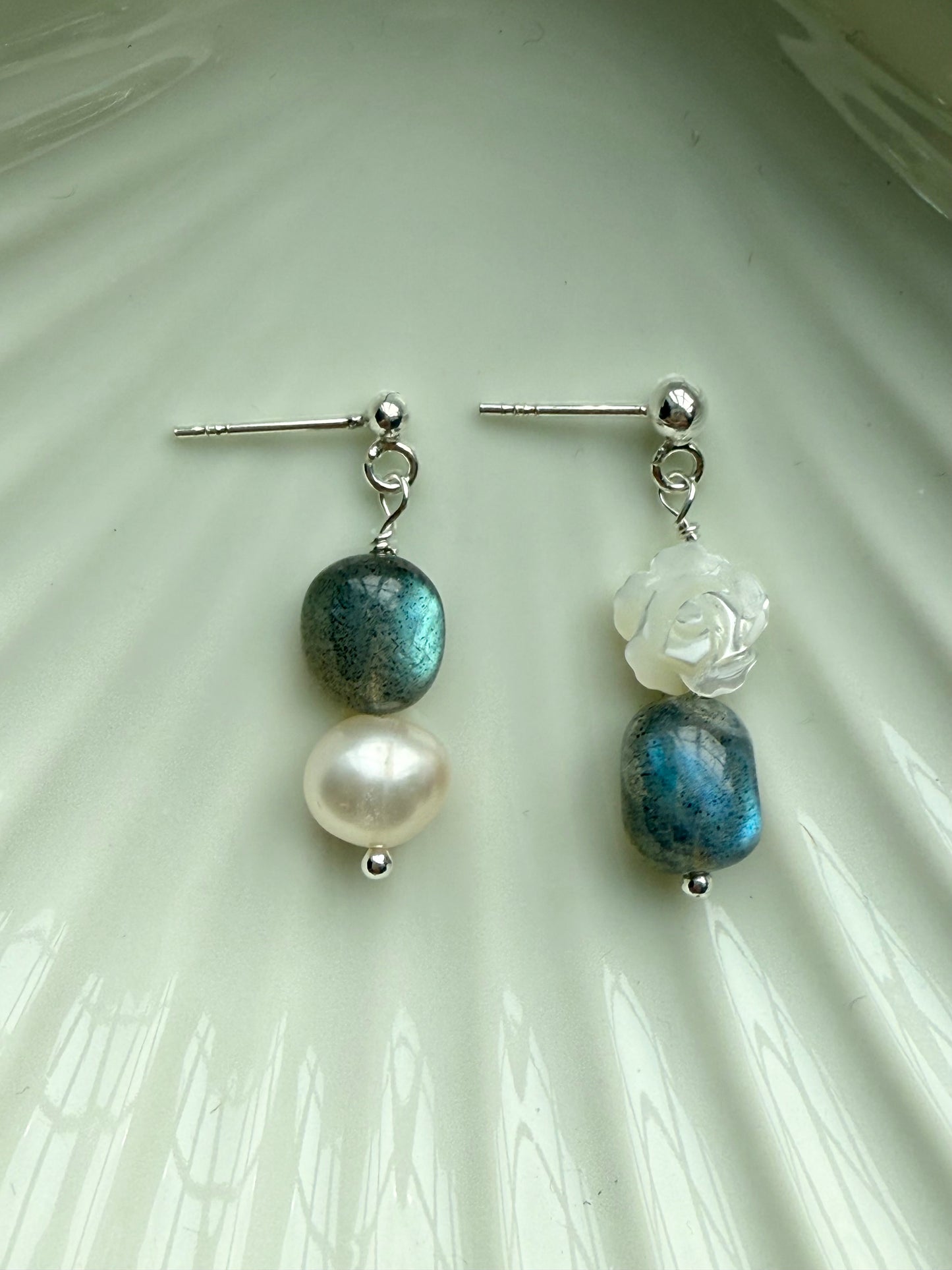 Mismatched Labradorite & Pearl Rose Earrings