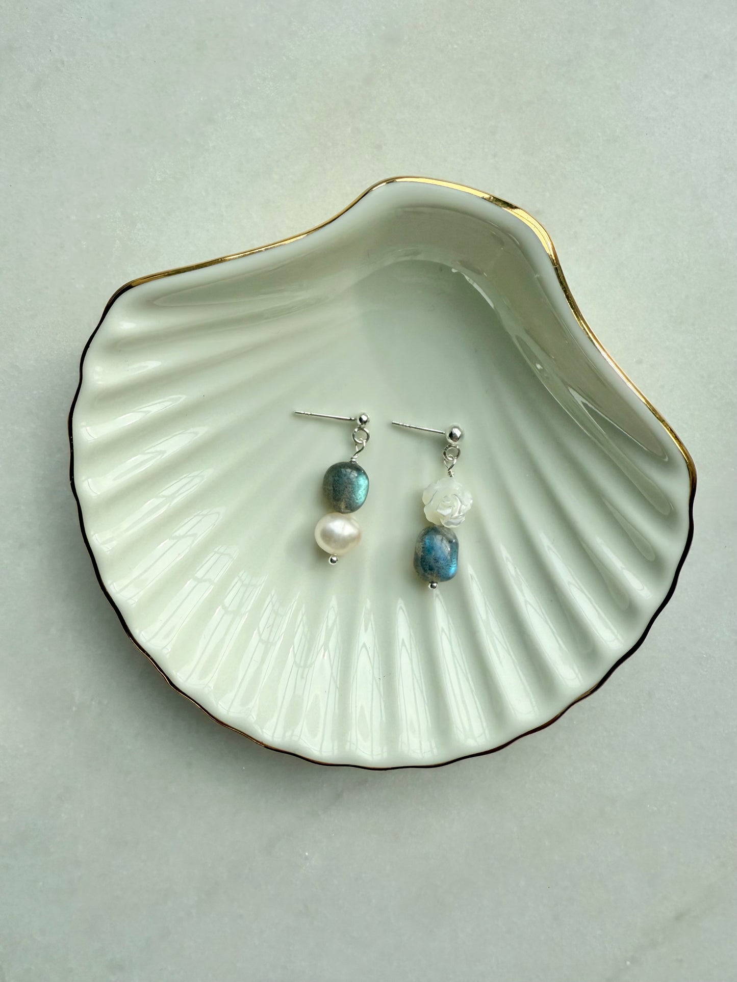Mismatched Labradorite & Pearl Rose Earrings