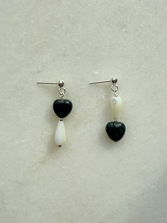 Mismatched Pearl & Agate Heart Earrings