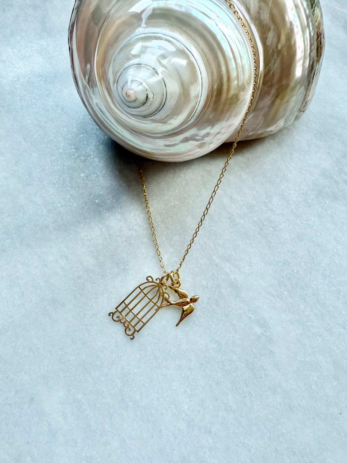 Bird & Cage Pendant Necklace / Gold Vermeil
