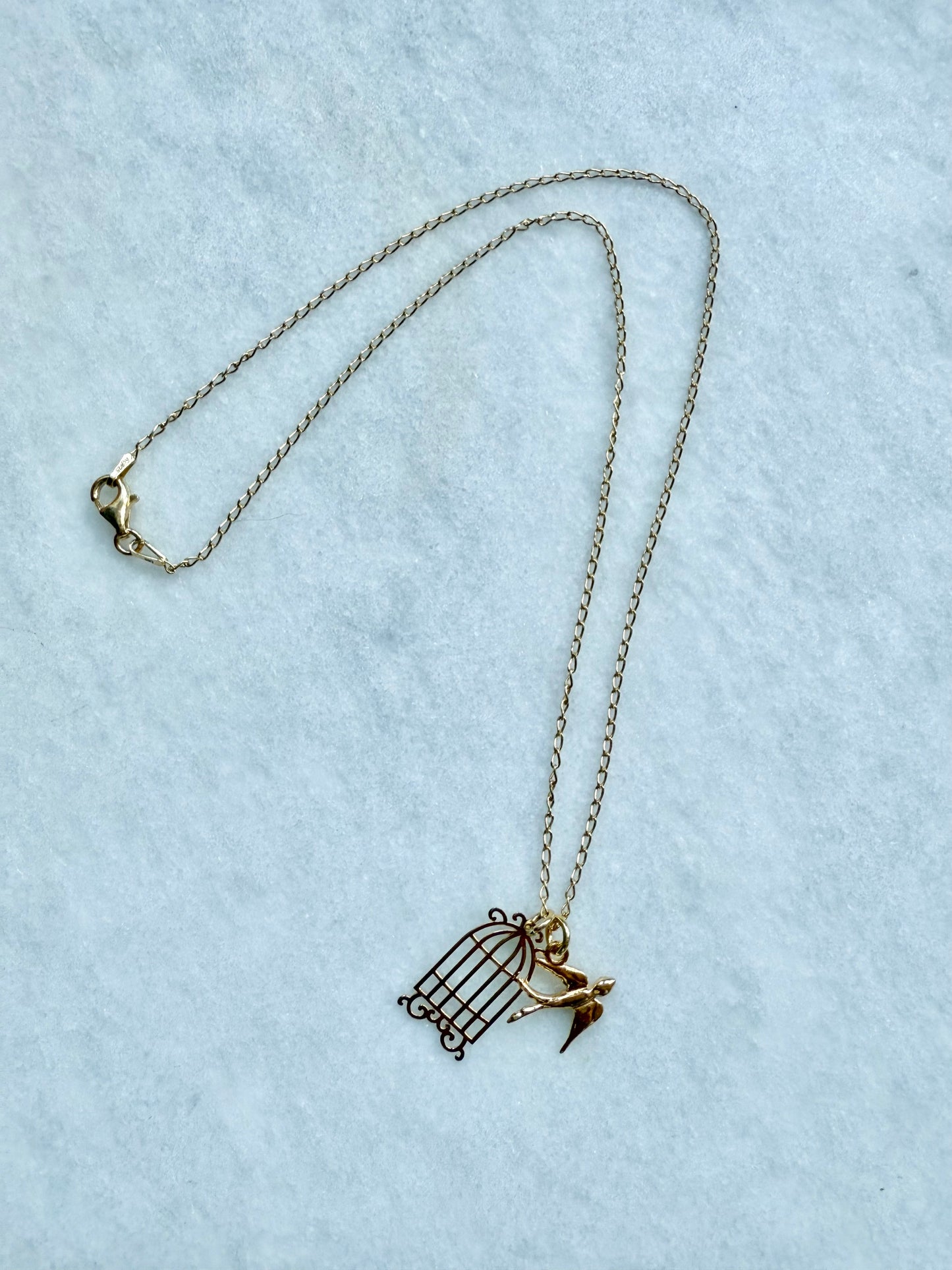 Bird & Cage Pendant Necklace / Gold Vermeil