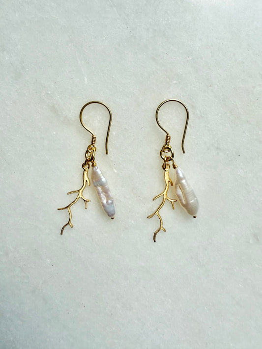 Biwa Pearl & Coral Drop Earrings