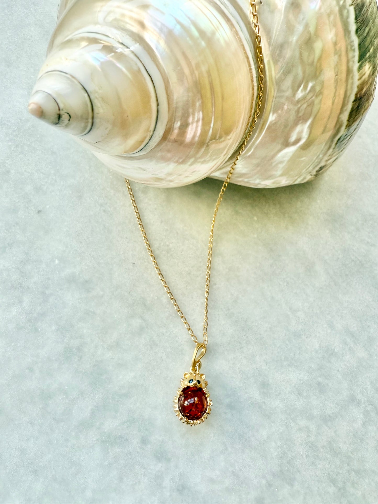 Amber Hedgehog Pendant Necklace / Gold Vermeil