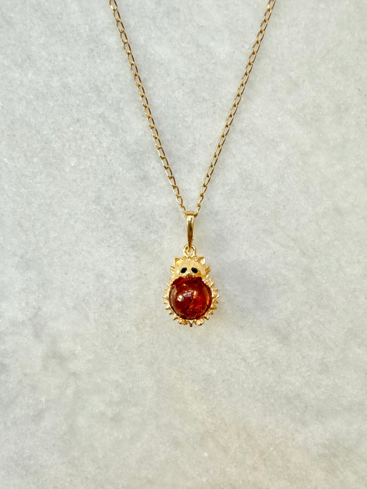 Amber Hedgehog Pendant Necklace / Gold Vermeil