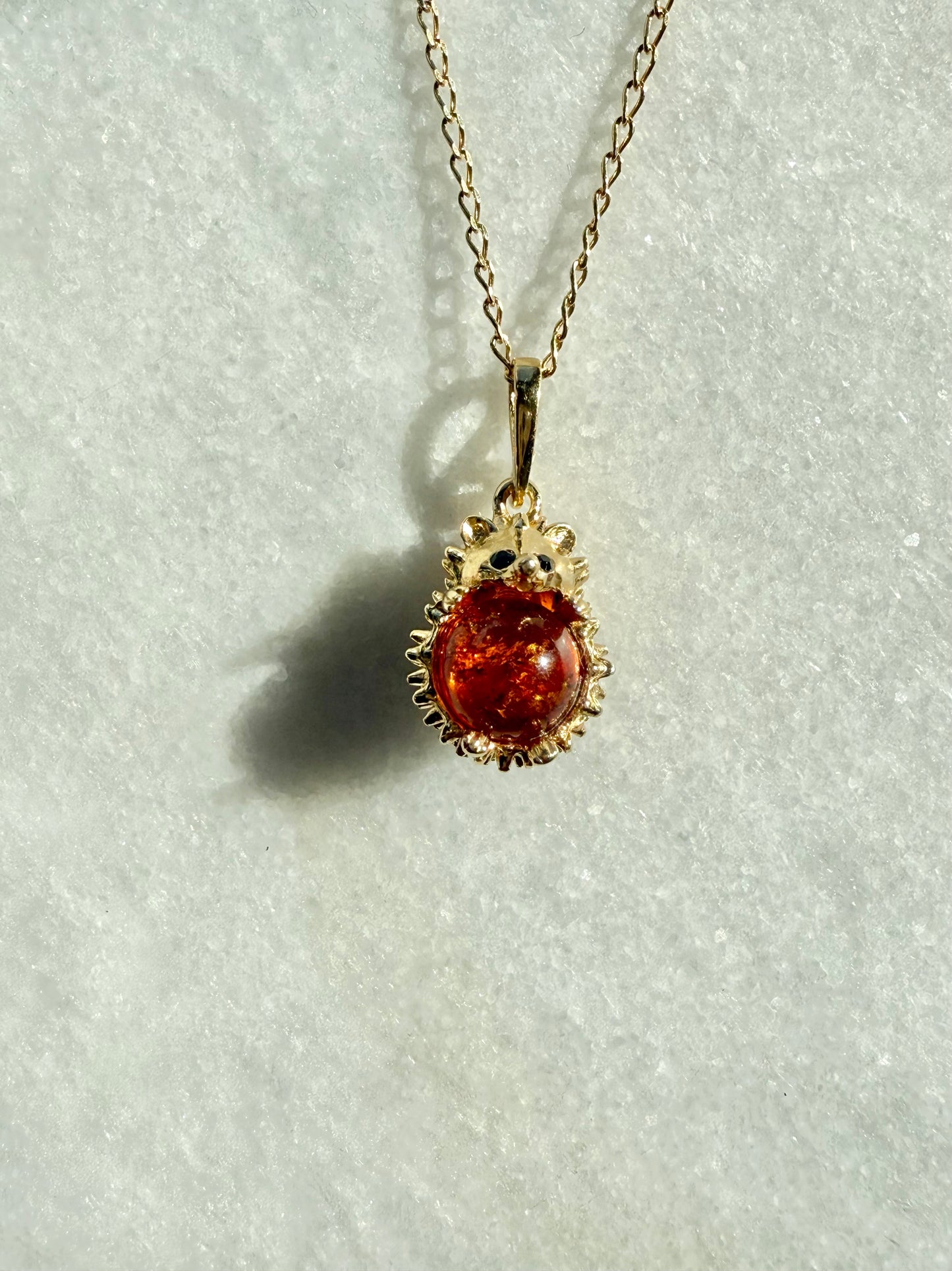 Amber Hedgehog Pendant Necklace / Gold Vermeil
