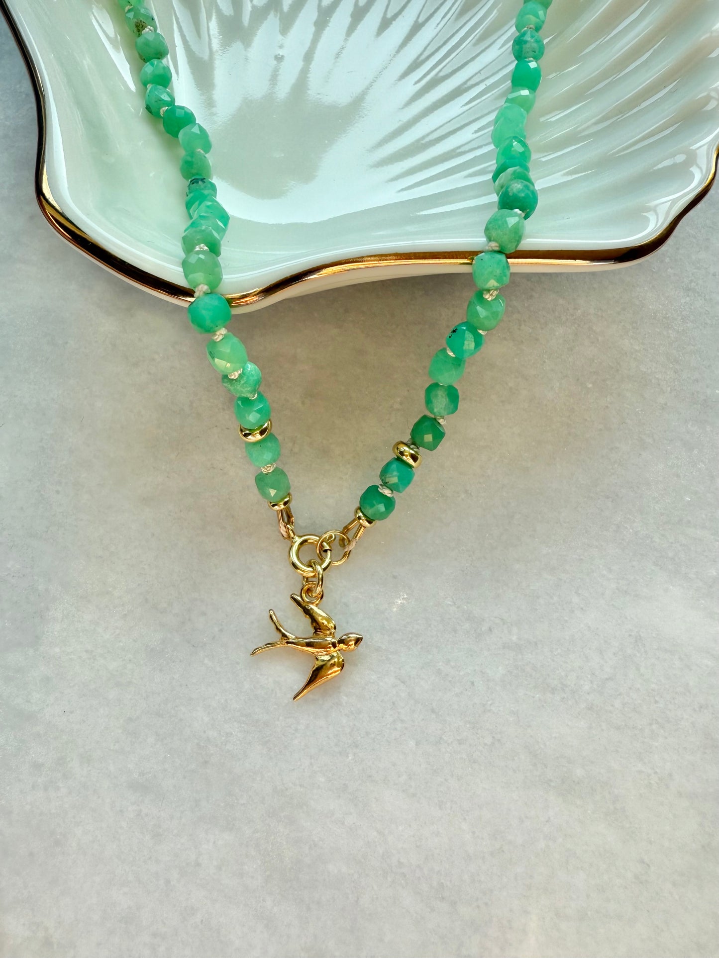 Chrysoprase Hand Knotted Necklace / Gold Vermeil