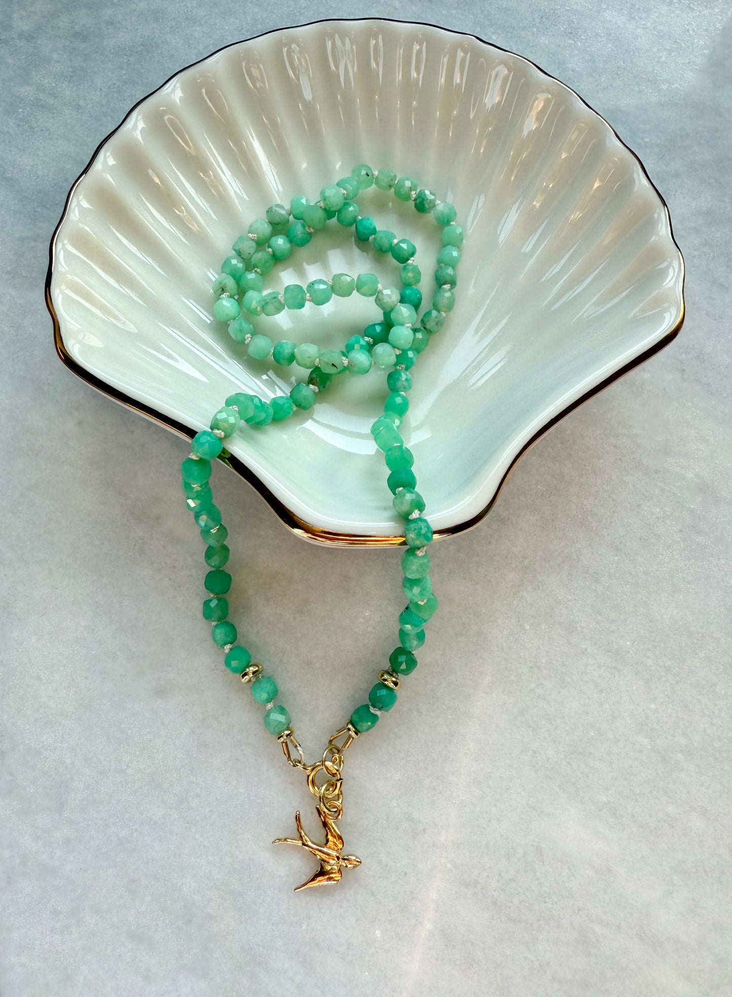 Chrysoprase Hand Knotted Necklace / Gold Vermeil