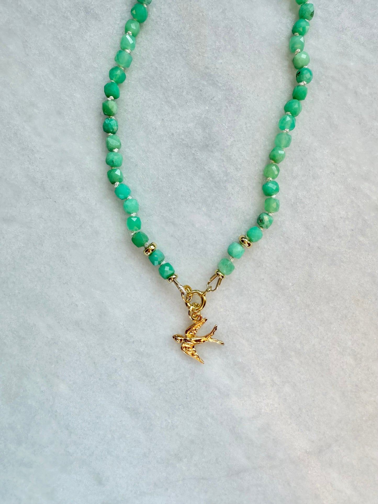 Chrysoprase Hand Knotted Necklace / Gold Vermeil