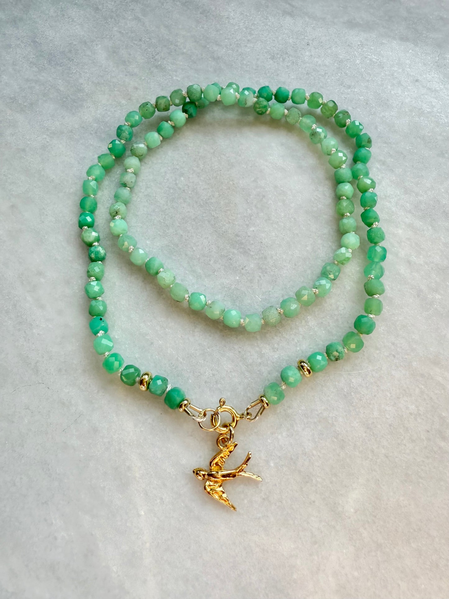 Chrysoprase Hand Knotted Necklace / Gold Vermeil