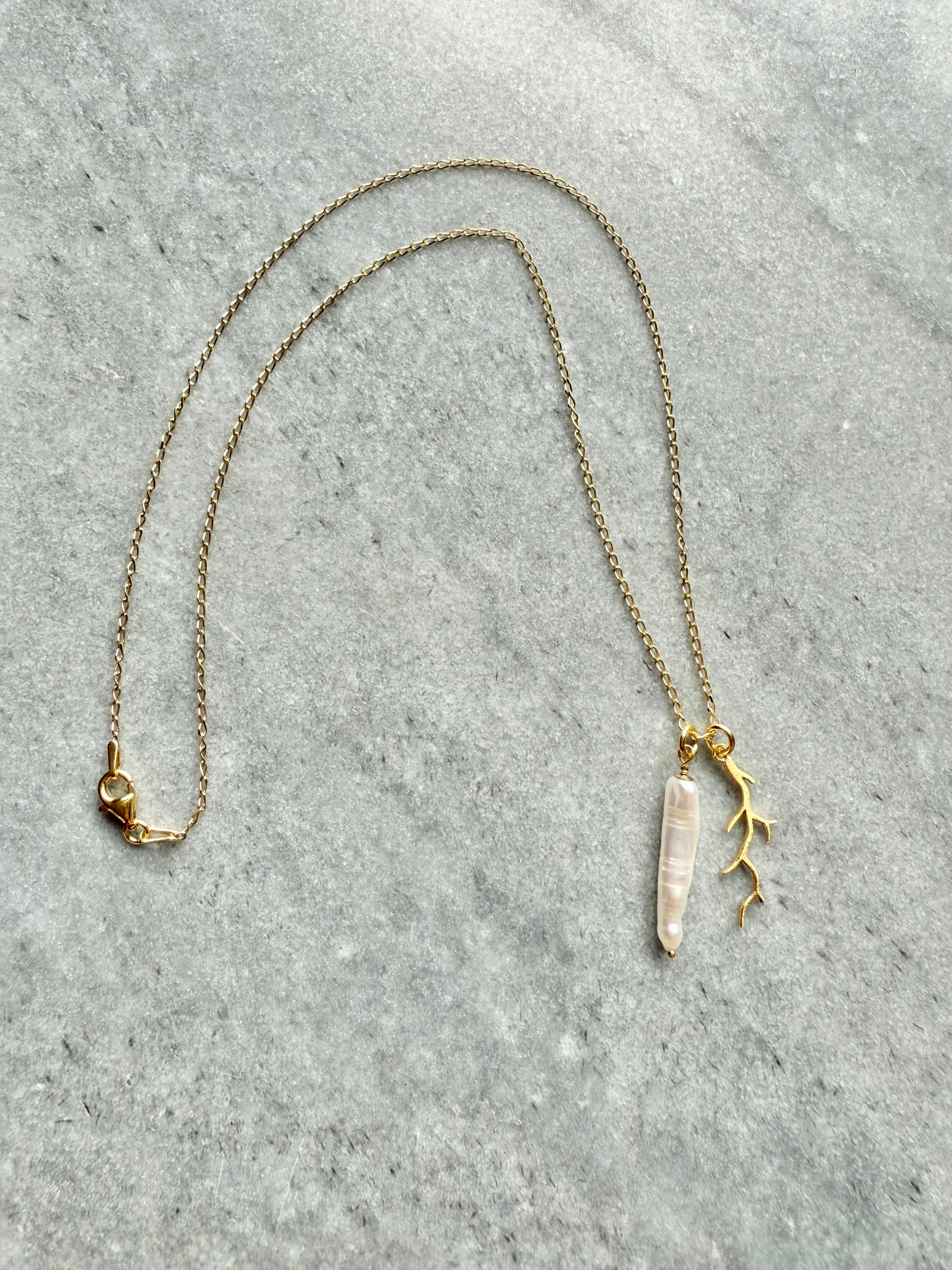 Natural Biwa pearl necklace with gold coral branch charm