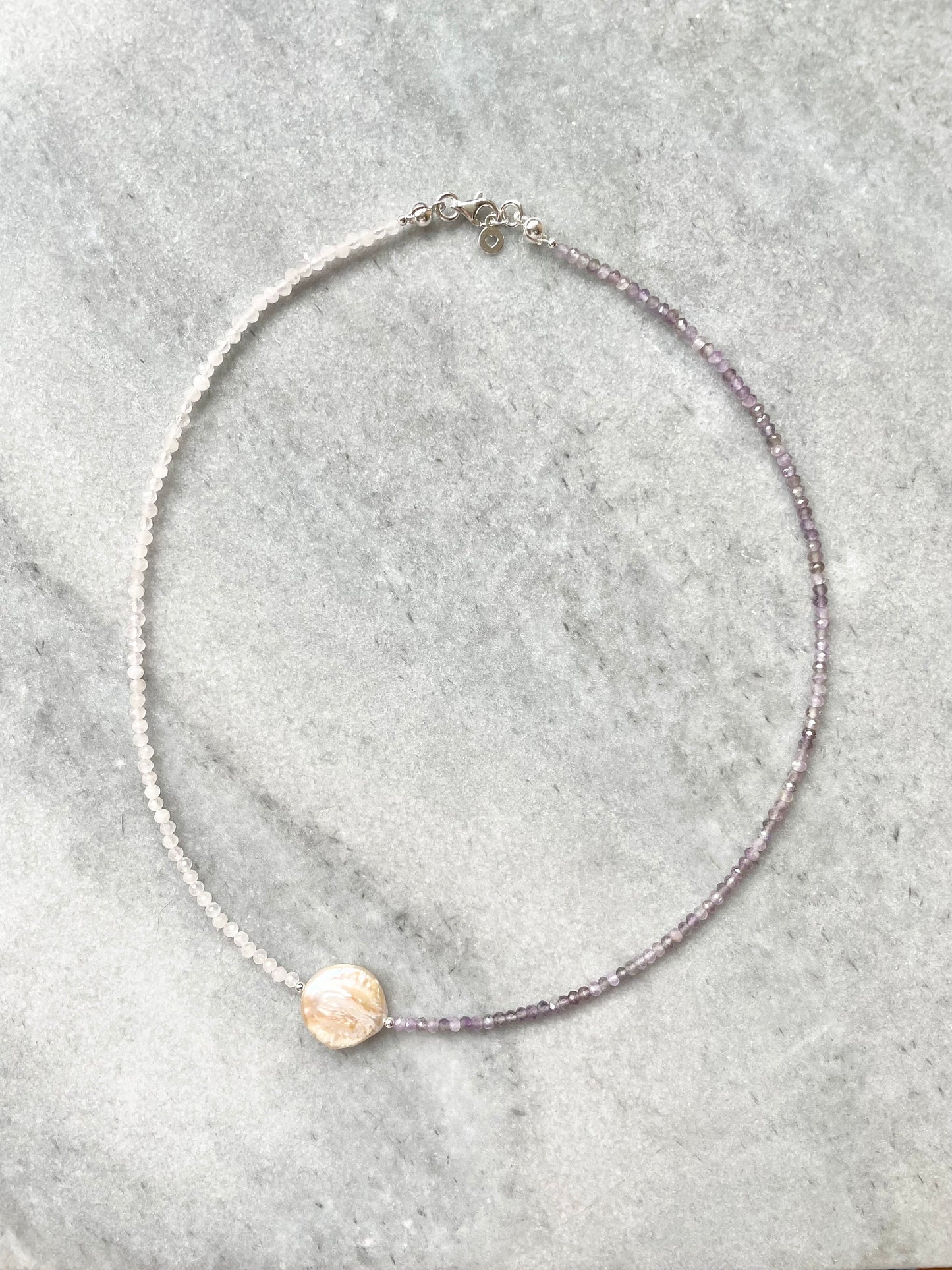 Dainty Pearl, Amethyst & Rose Quartz Silver Necklace