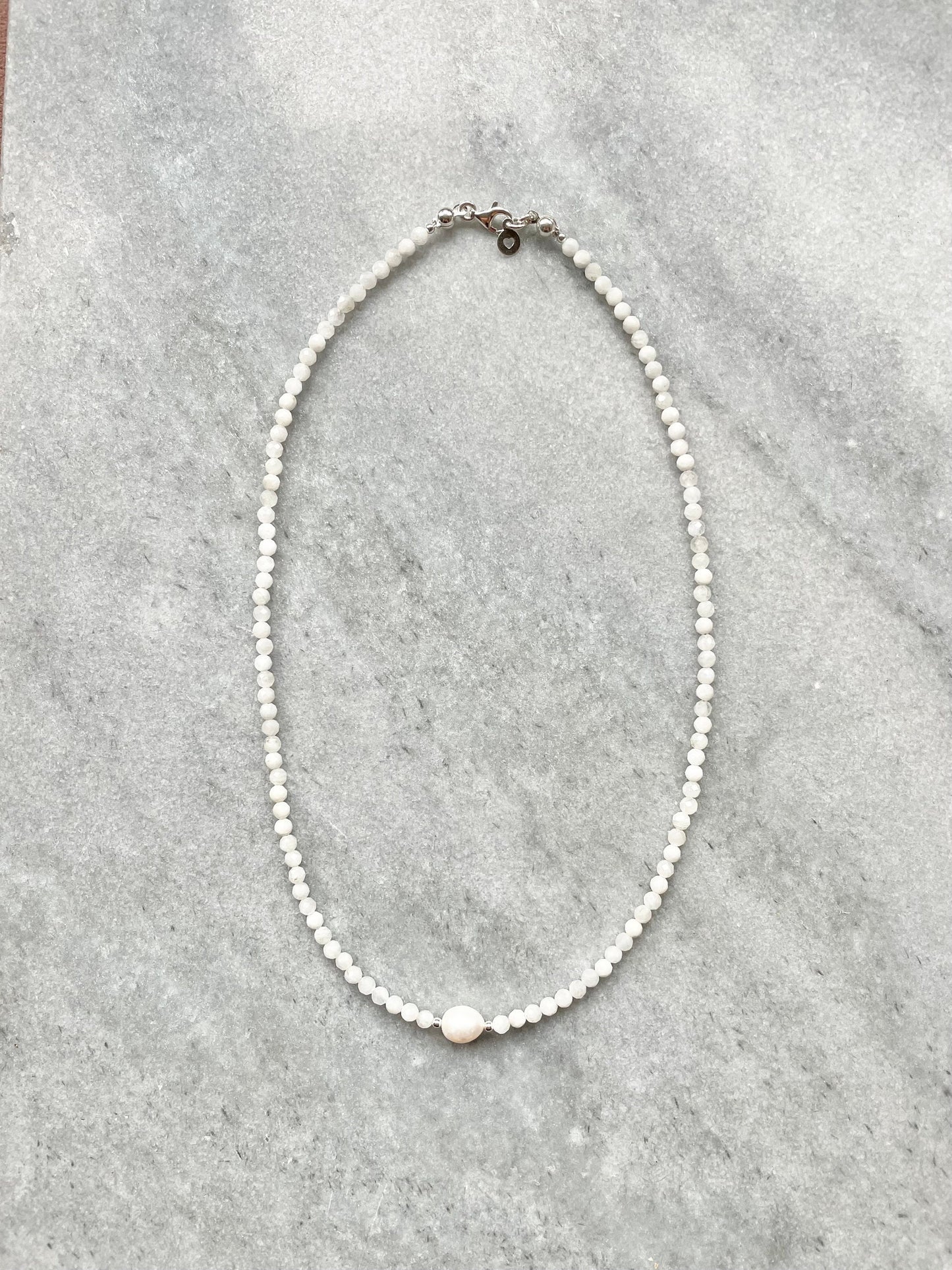 Dainty Moonstone & Pearl Silver Necklace
