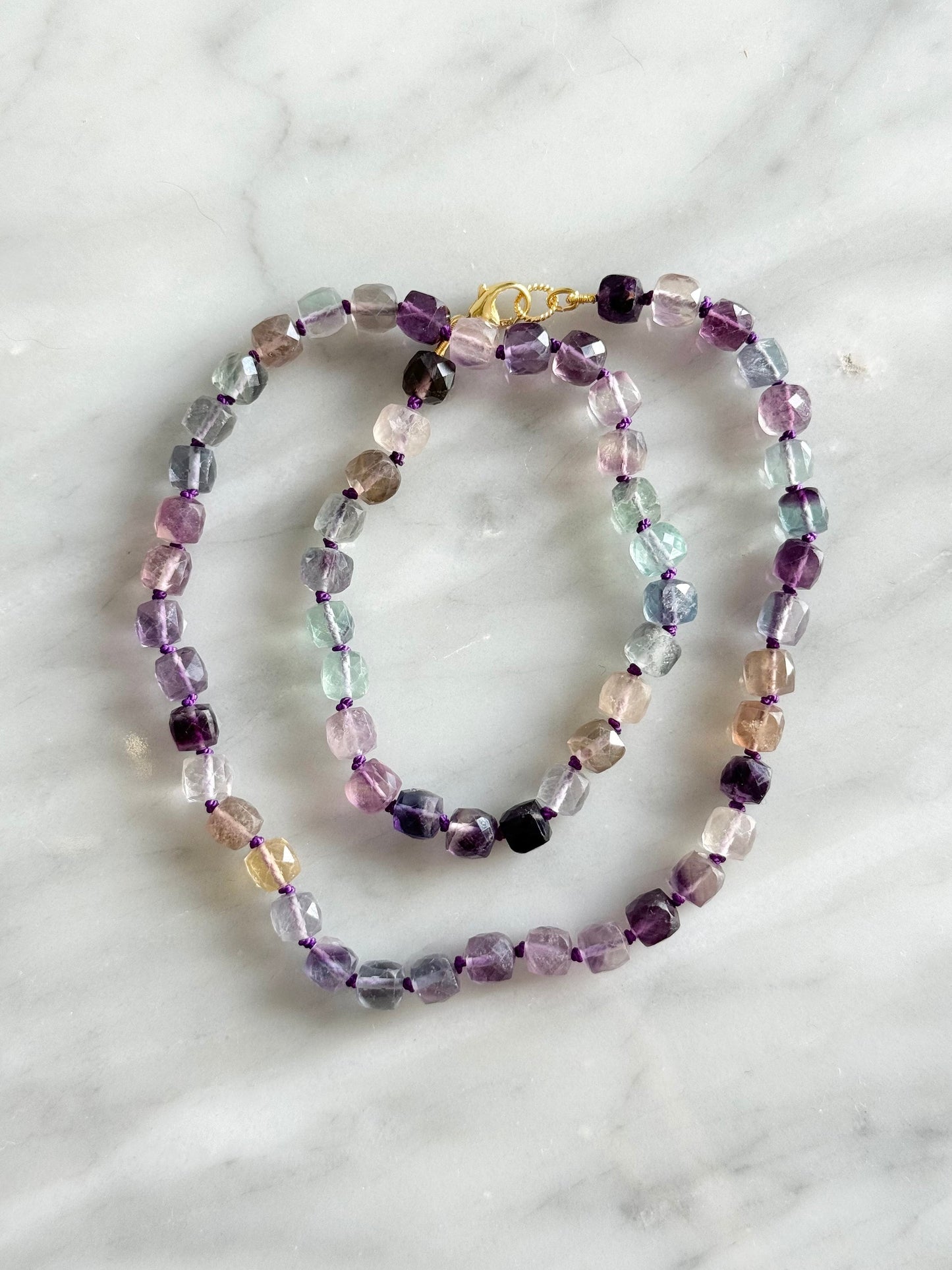 Rainbow Fluorite Hand Knotted Necklace/ Gold Vermeil