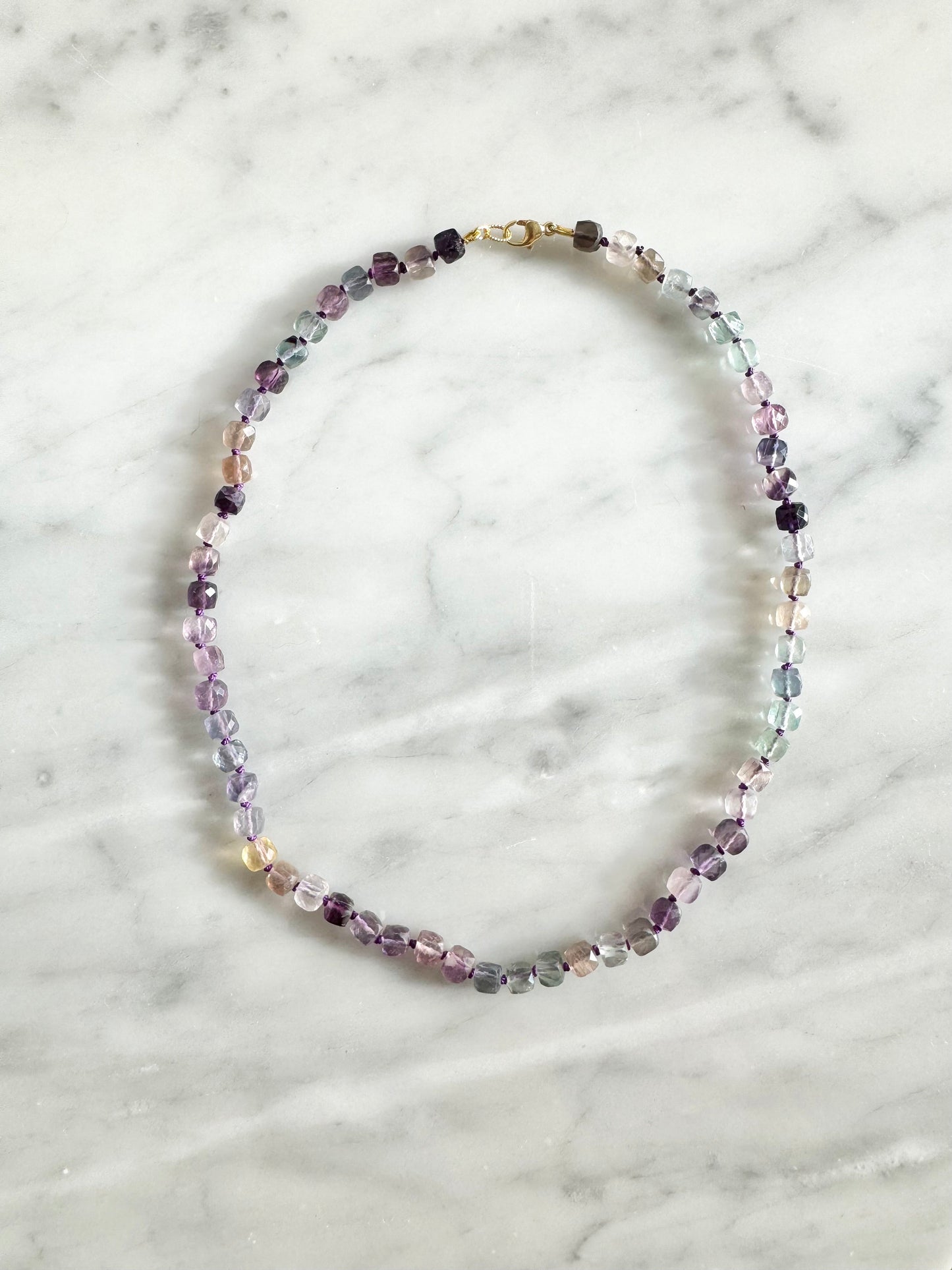 Rainbow Fluorite Hand Knotted Necklace/ Gold Vermeil
