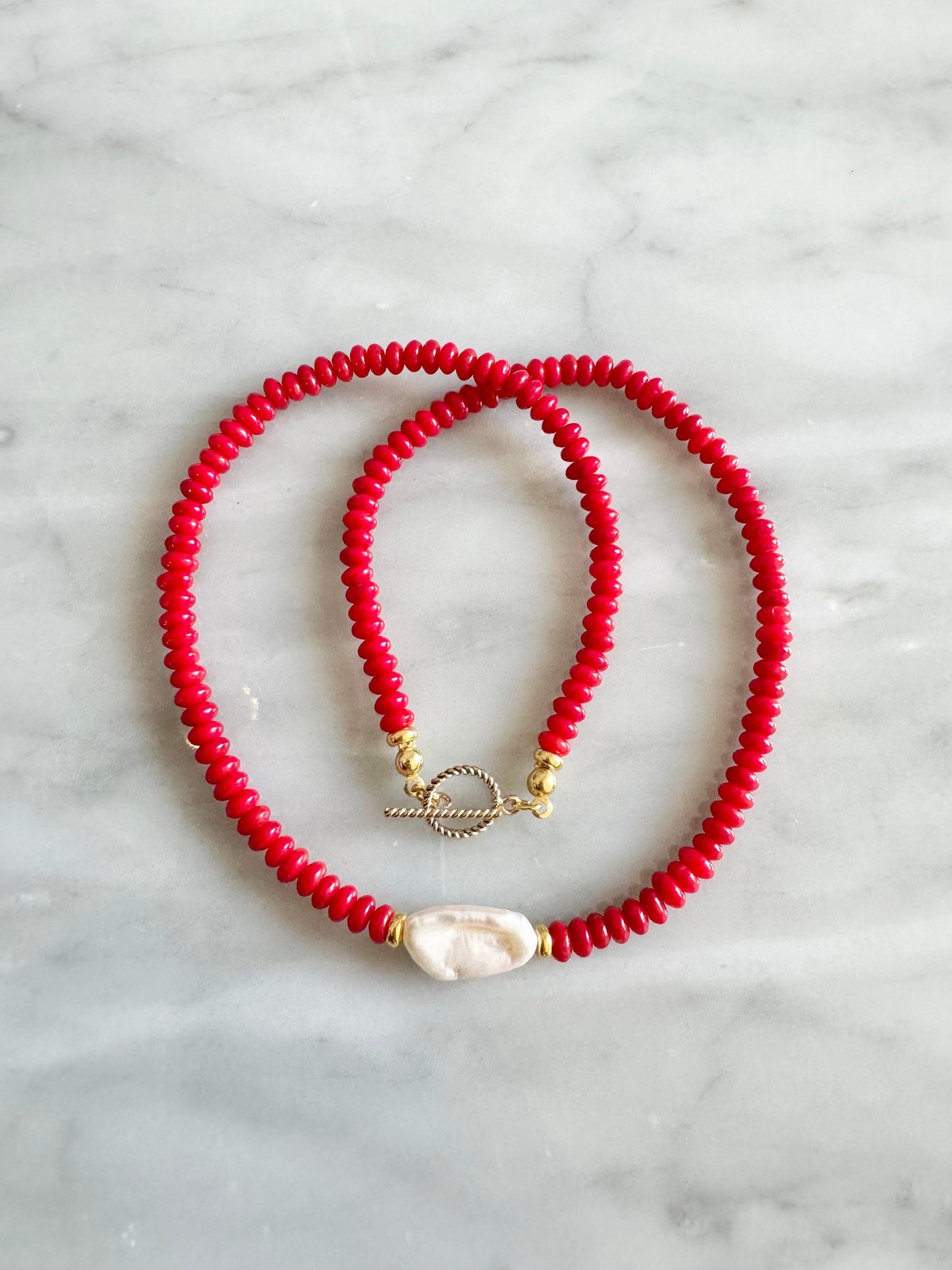 Under The Sea Red Coral & Pearl Beaded Necklace