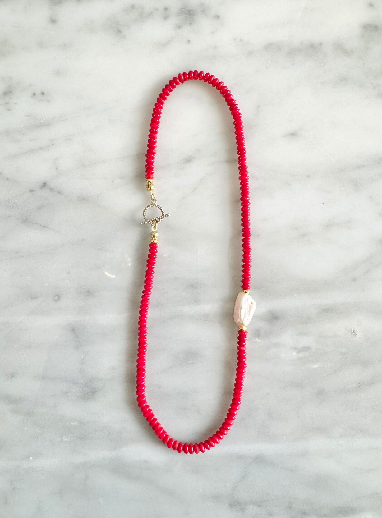 Under The Sea Red Coral & Pearl Beaded Necklace