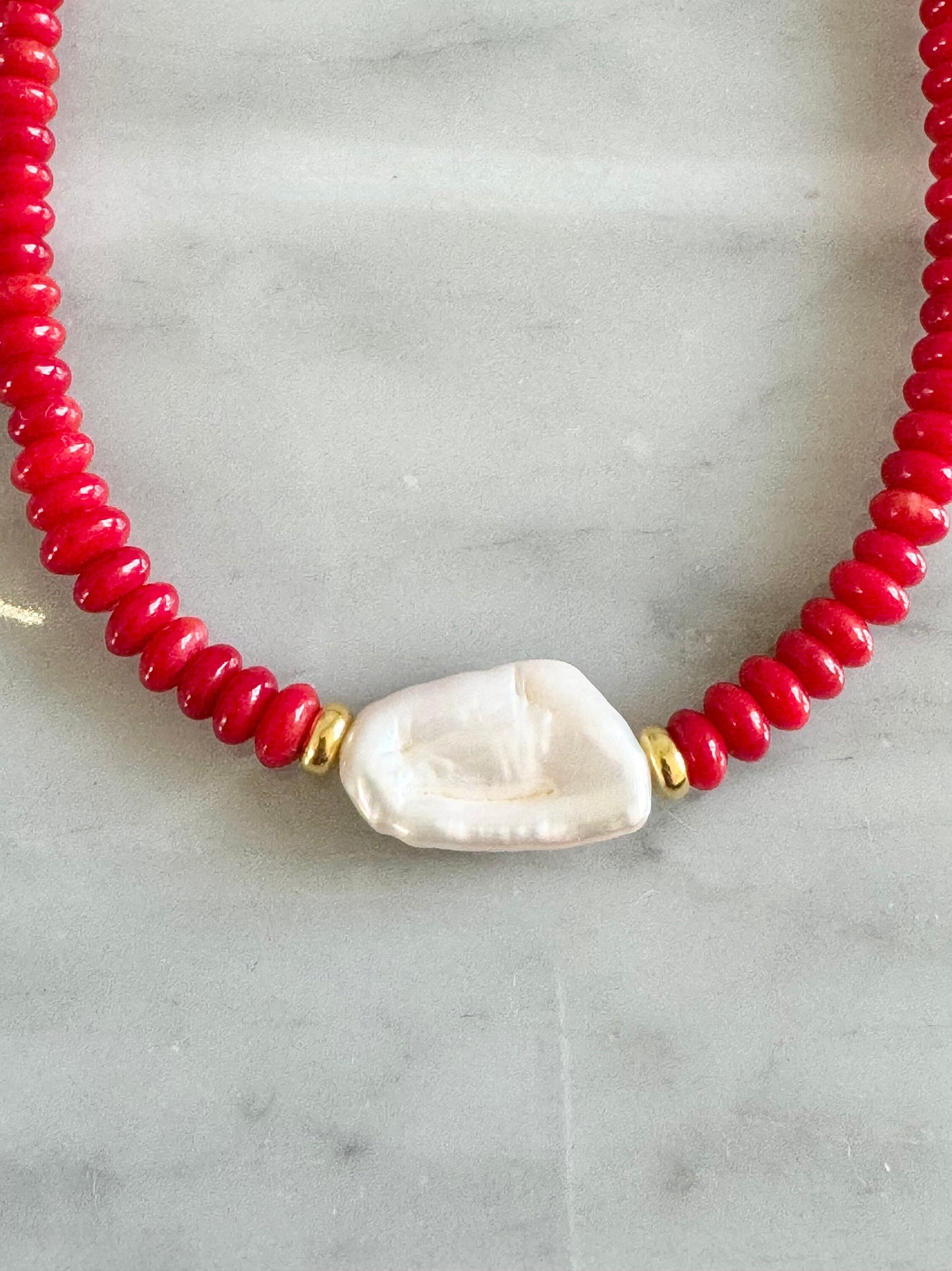 Under The Sea Red Coral & Pearl Beaded Necklace