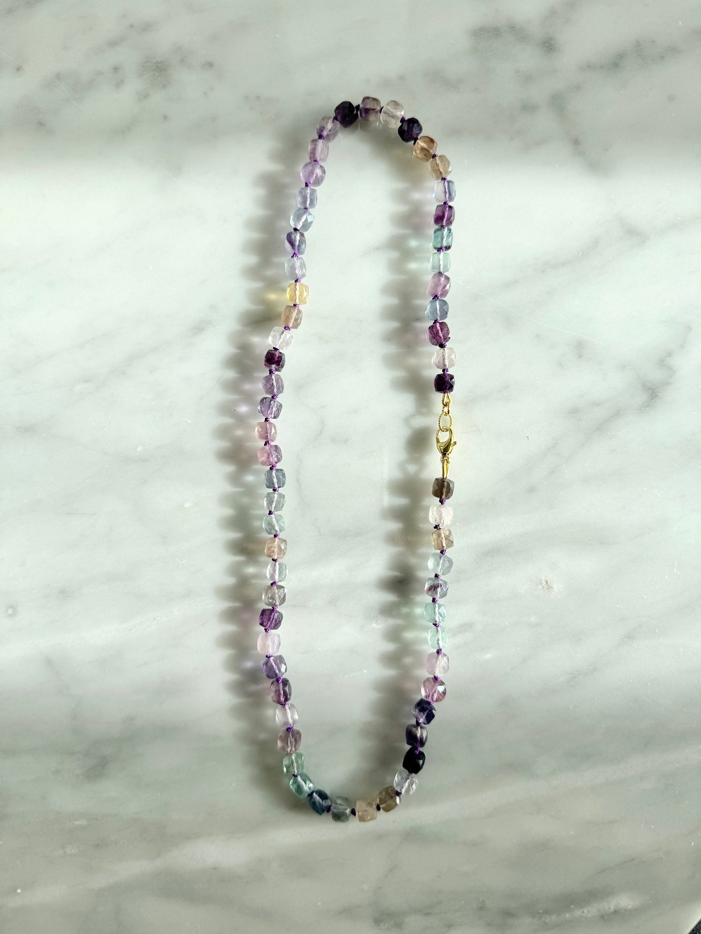 Rainbow Fluorite Hand Knotted Necklace/ Gold Vermeil