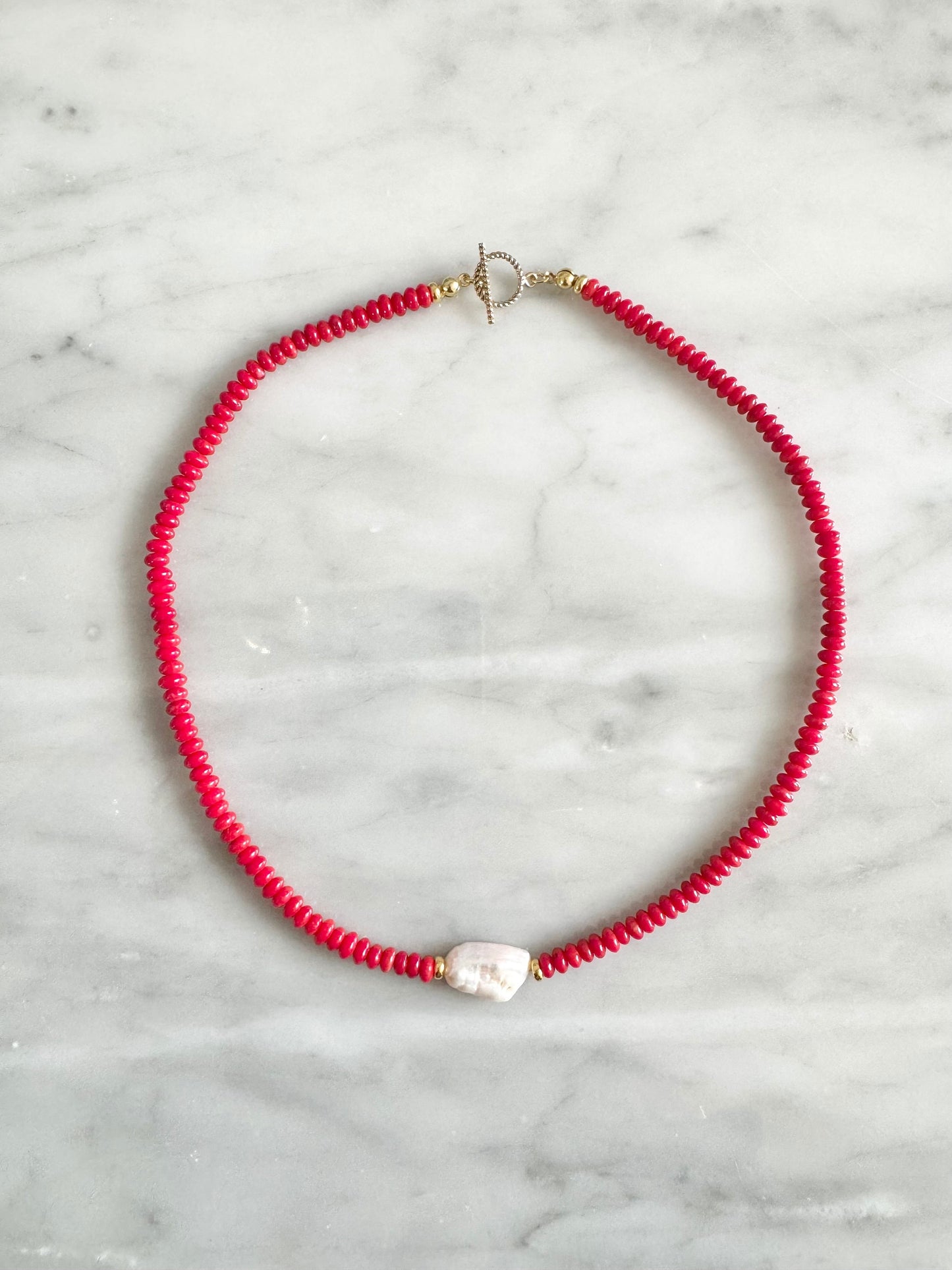Under The Sea Red Coral & Pearl Beaded Necklace