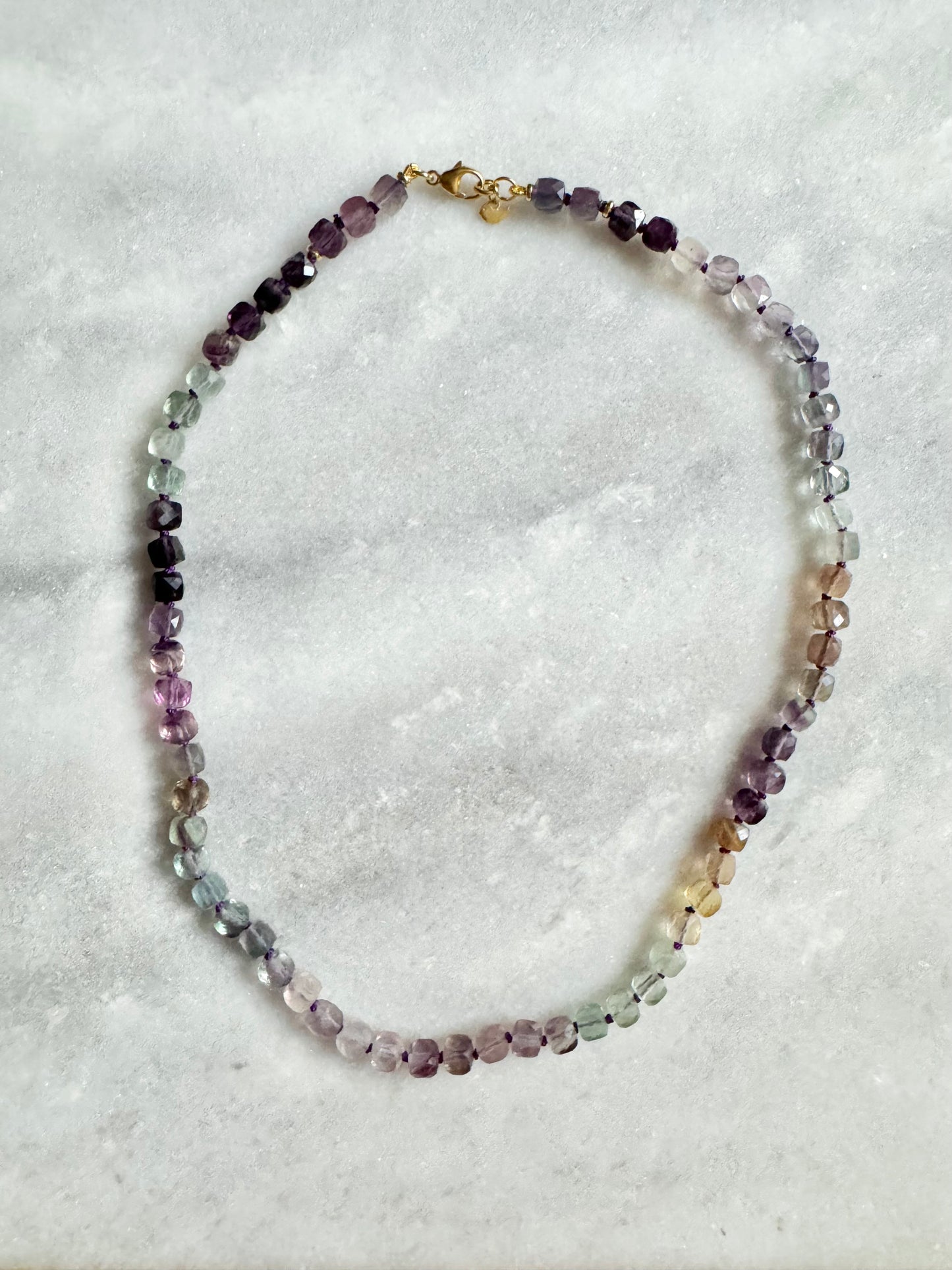 Rainbow Fluorite Hand Knotted Necklace/ Gold Vermeil