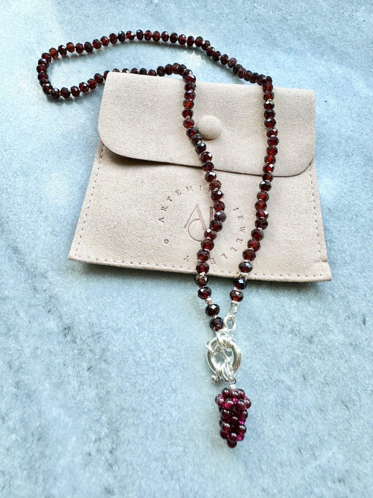 Garnet Hand Knotted Necklace / Grape Pendant