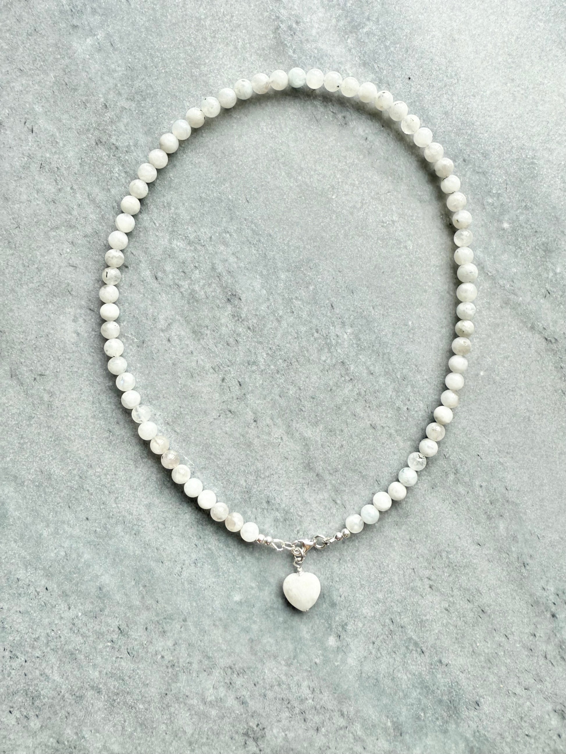 White moonstone beaded necklace with detachable moonstone heart charm