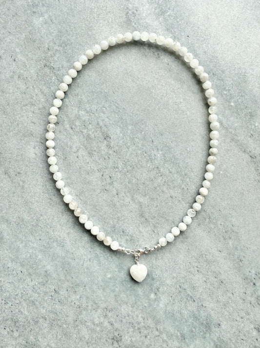 White moonstone beaded necklace with detachable moonstone heart charm
