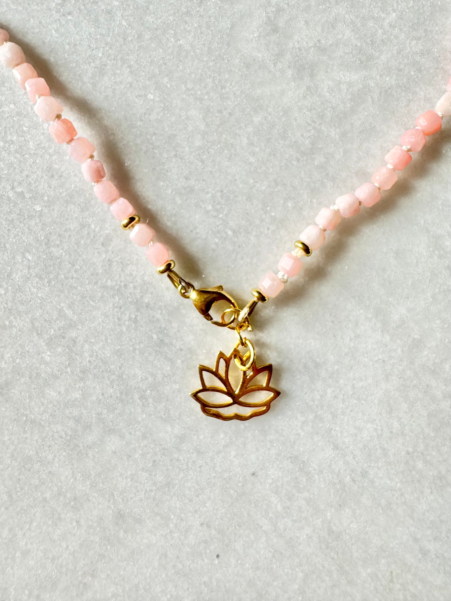 Pink Opal Hand Knotted Petal Necklace / Gold Vermeil Charm