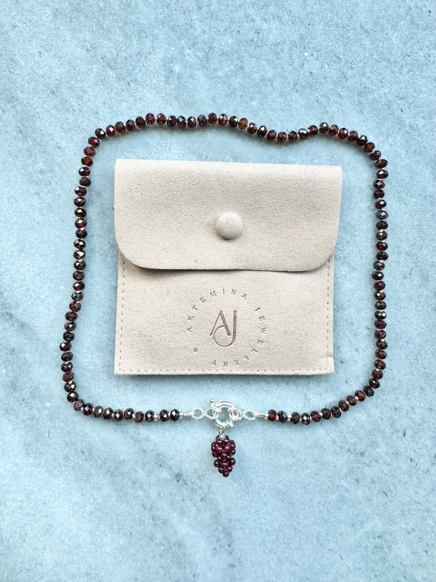 Garnet Hand Knotted Necklace / Grape Pendant