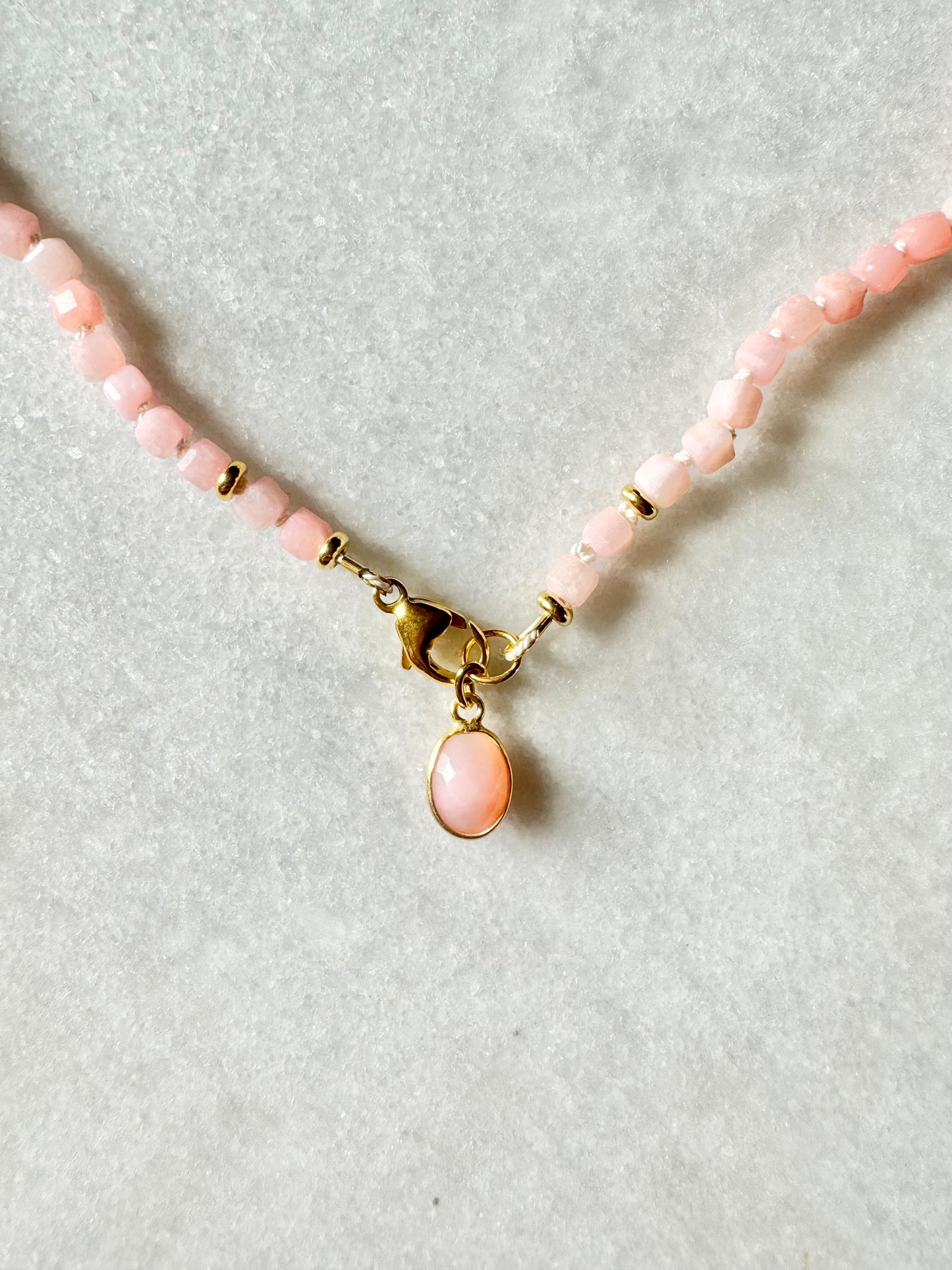 Pink Opal Hand Knotted Petal Necklace / Gold Vermeil Charm