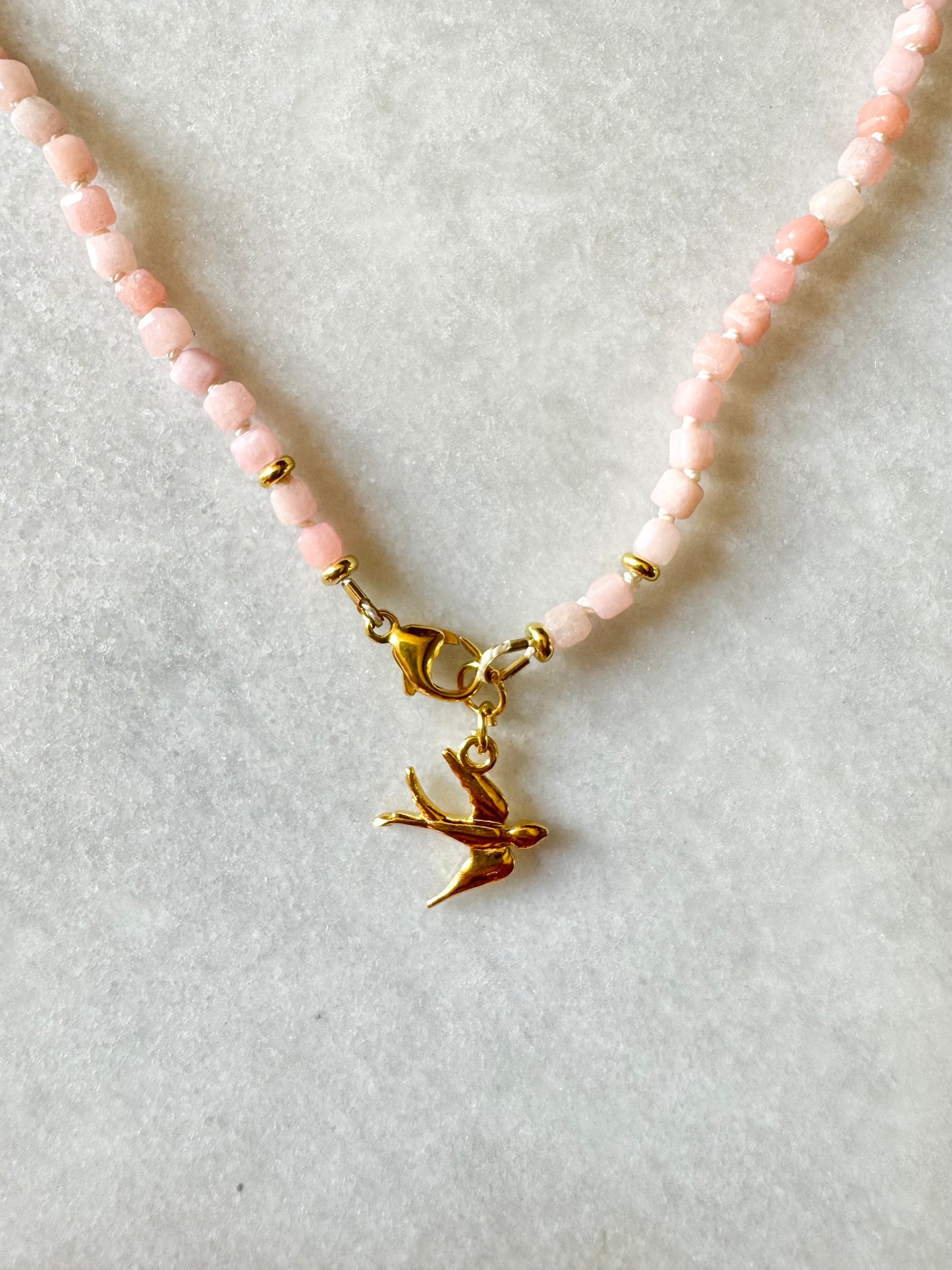 Pink Opal Hand Knotted Petal Necklace / Gold Vermeil Charm