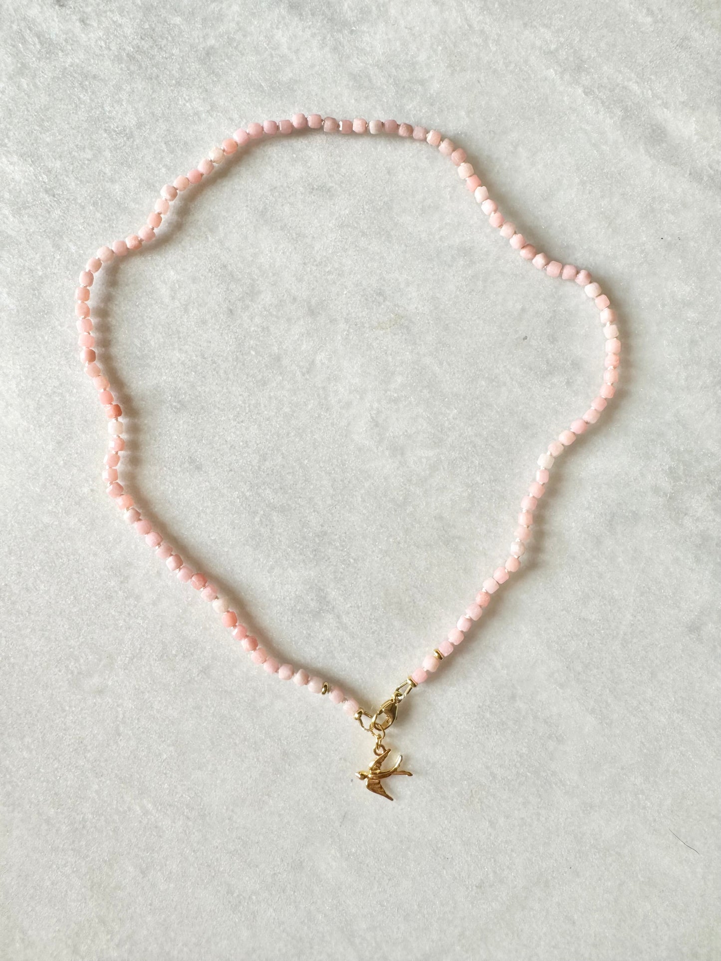 Pink Opal Hand Knotted Petal Necklace / Gold Vermeil Charm