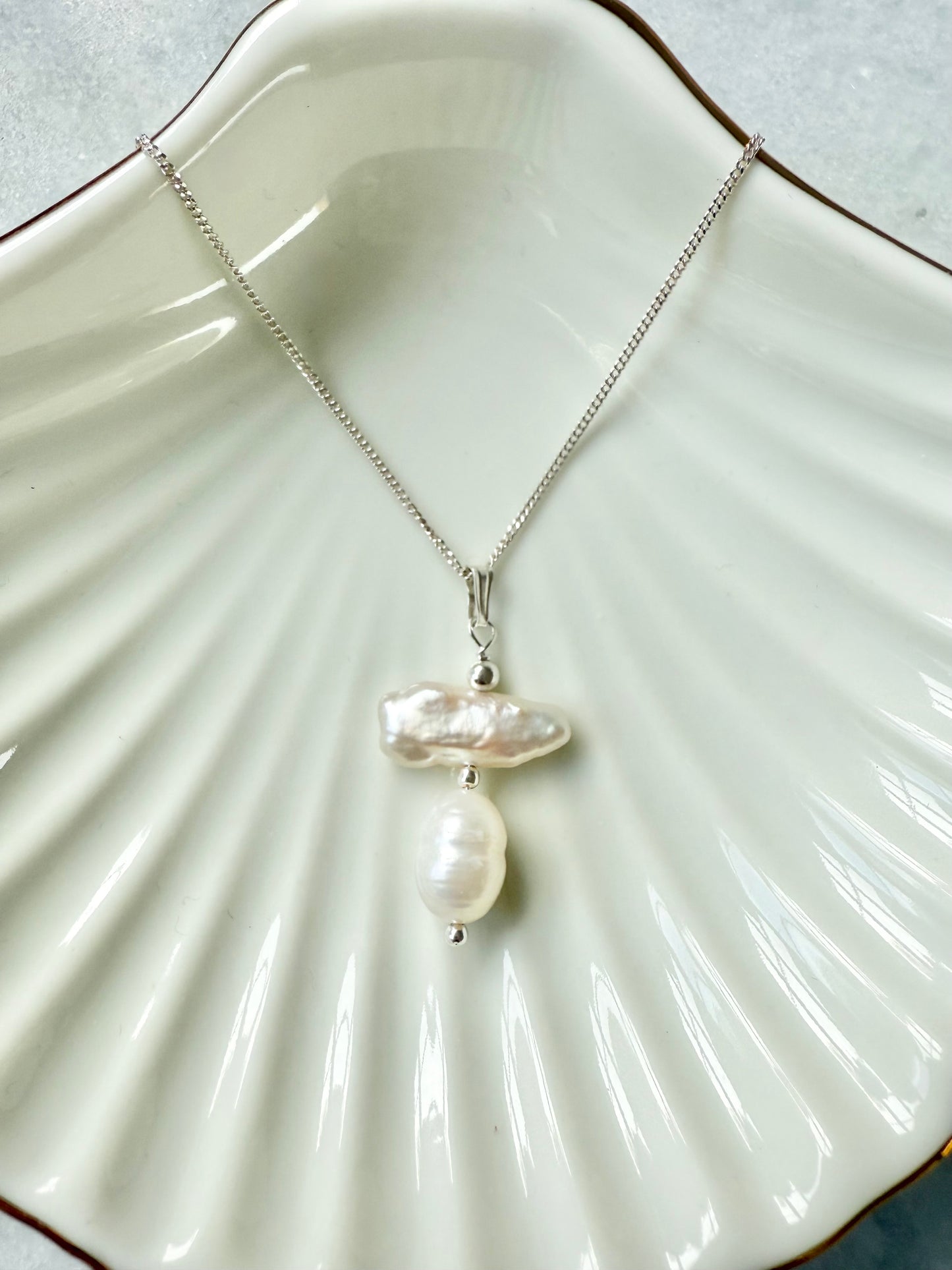 Biwa Pearl Silver Pendant Necklace
