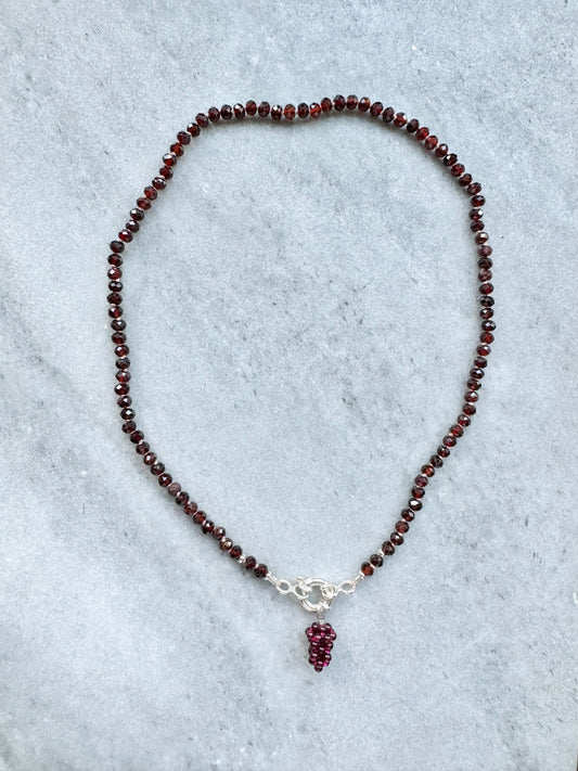 Garnet Hand Knotted Necklace / Grape Pendant