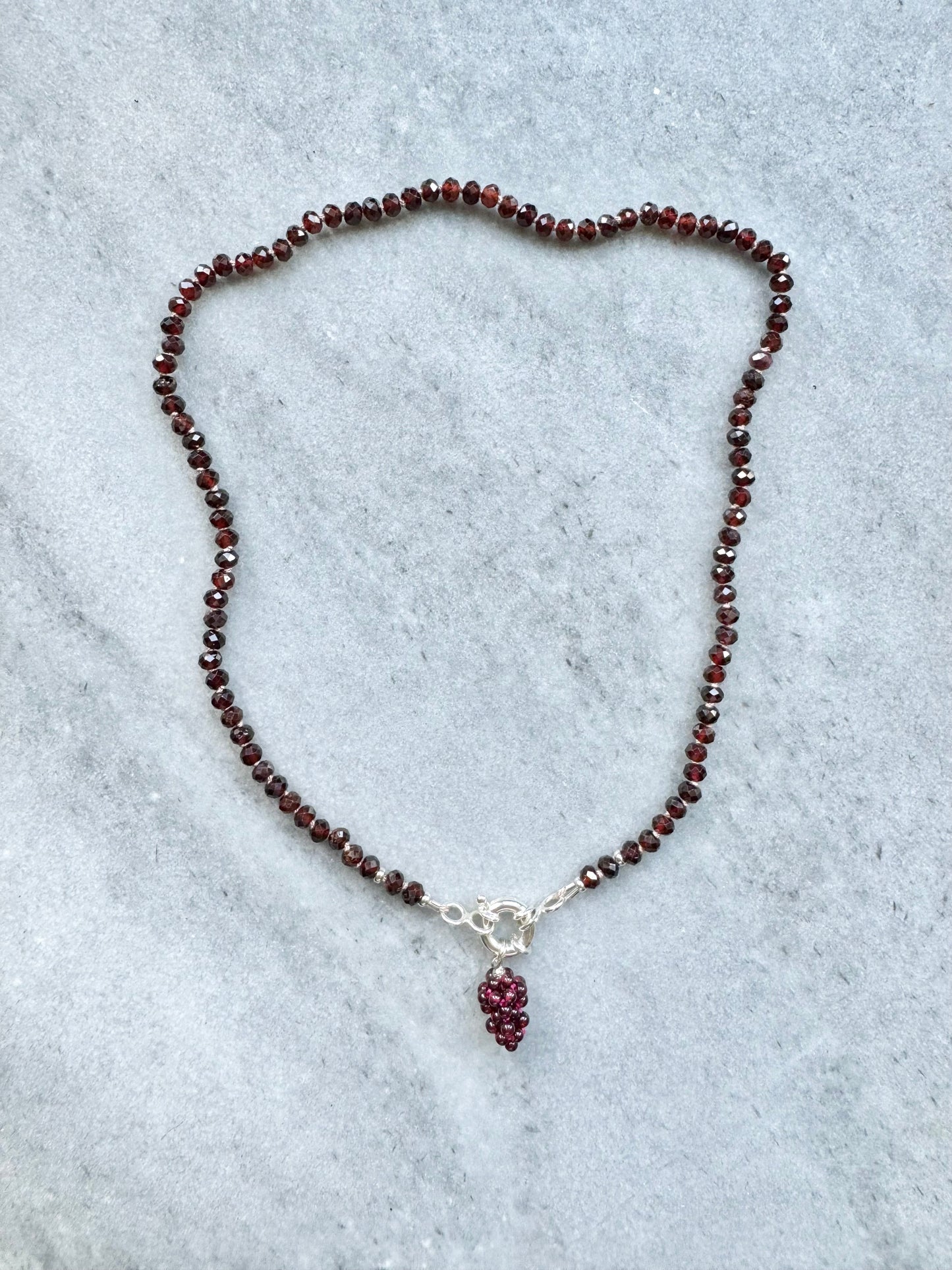 Garnet Hand Knotted Necklace / Grape Pendant