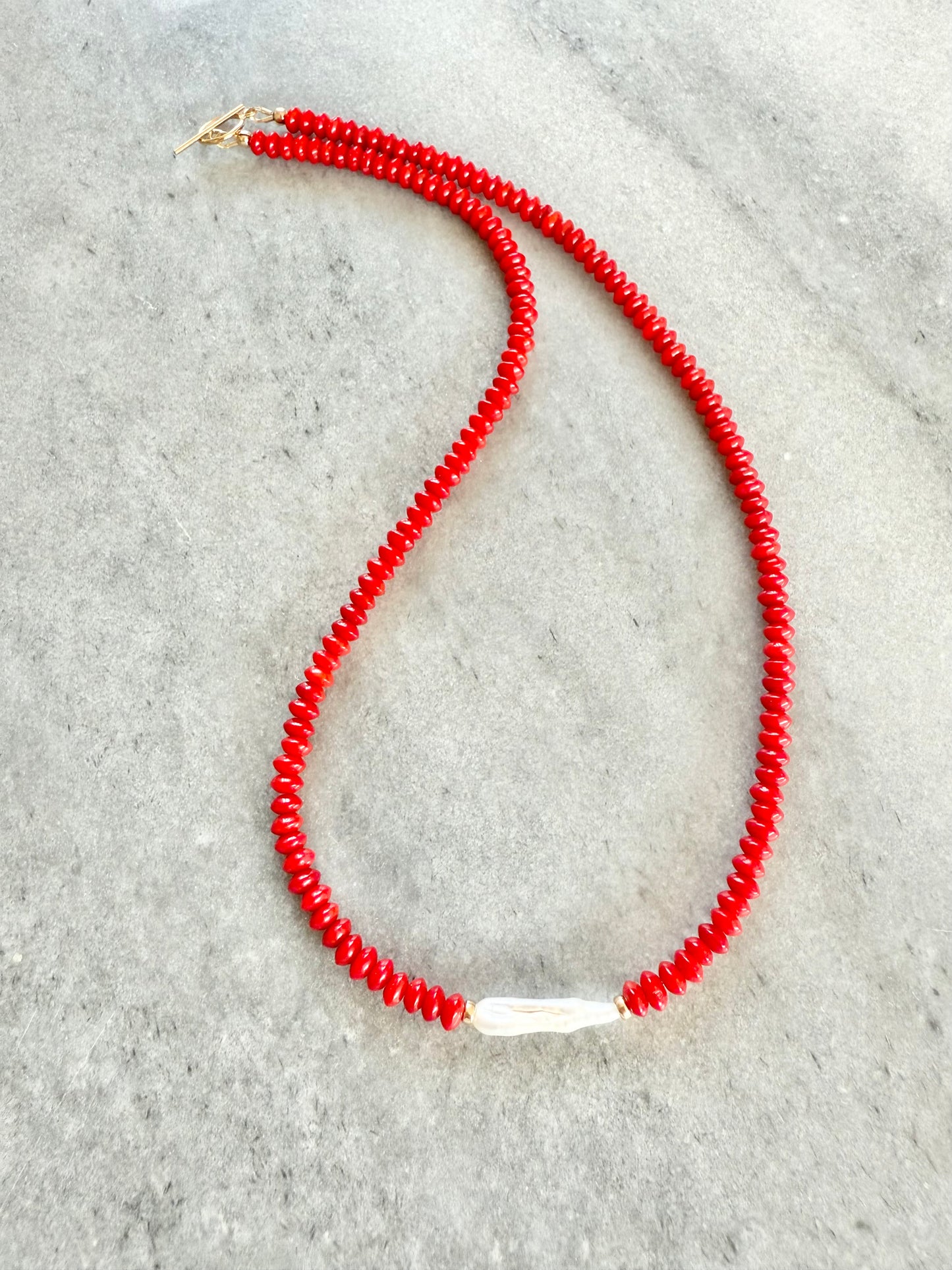 Under The Sea Red Coral & Pearl Beaded Necklace