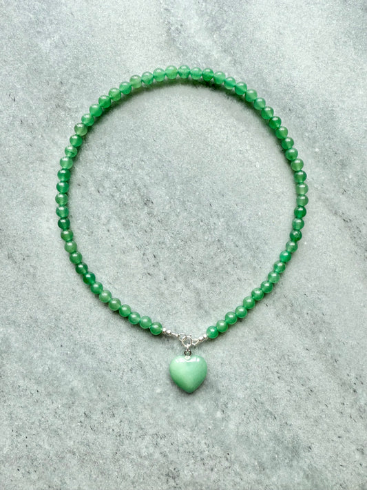 Green Aventurine beaded necklace with detachable heart charm 