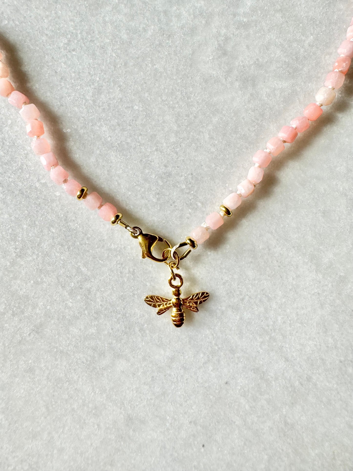 Pink Opal Hand Knotted Petal Necklace / Gold Vermeil Charm