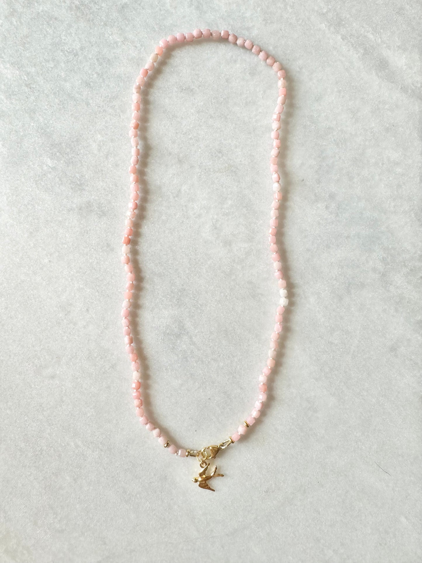 Pink Opal Hand Knotted Petal Necklace / Gold Vermeil Charm