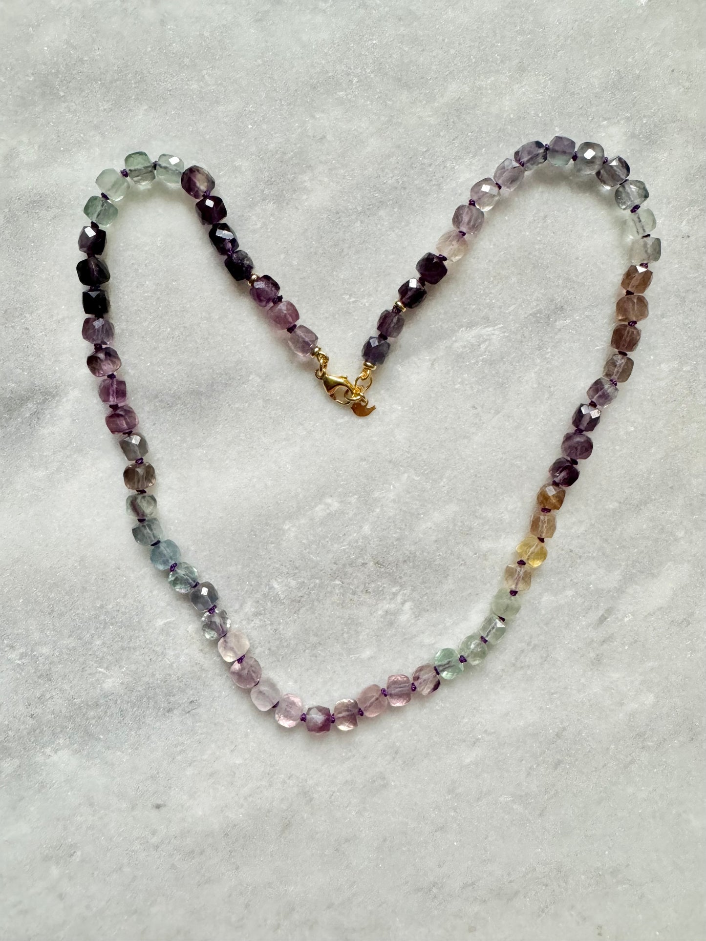 Rainbow Fluorite Hand Knotted Necklace/ Gold Vermeil