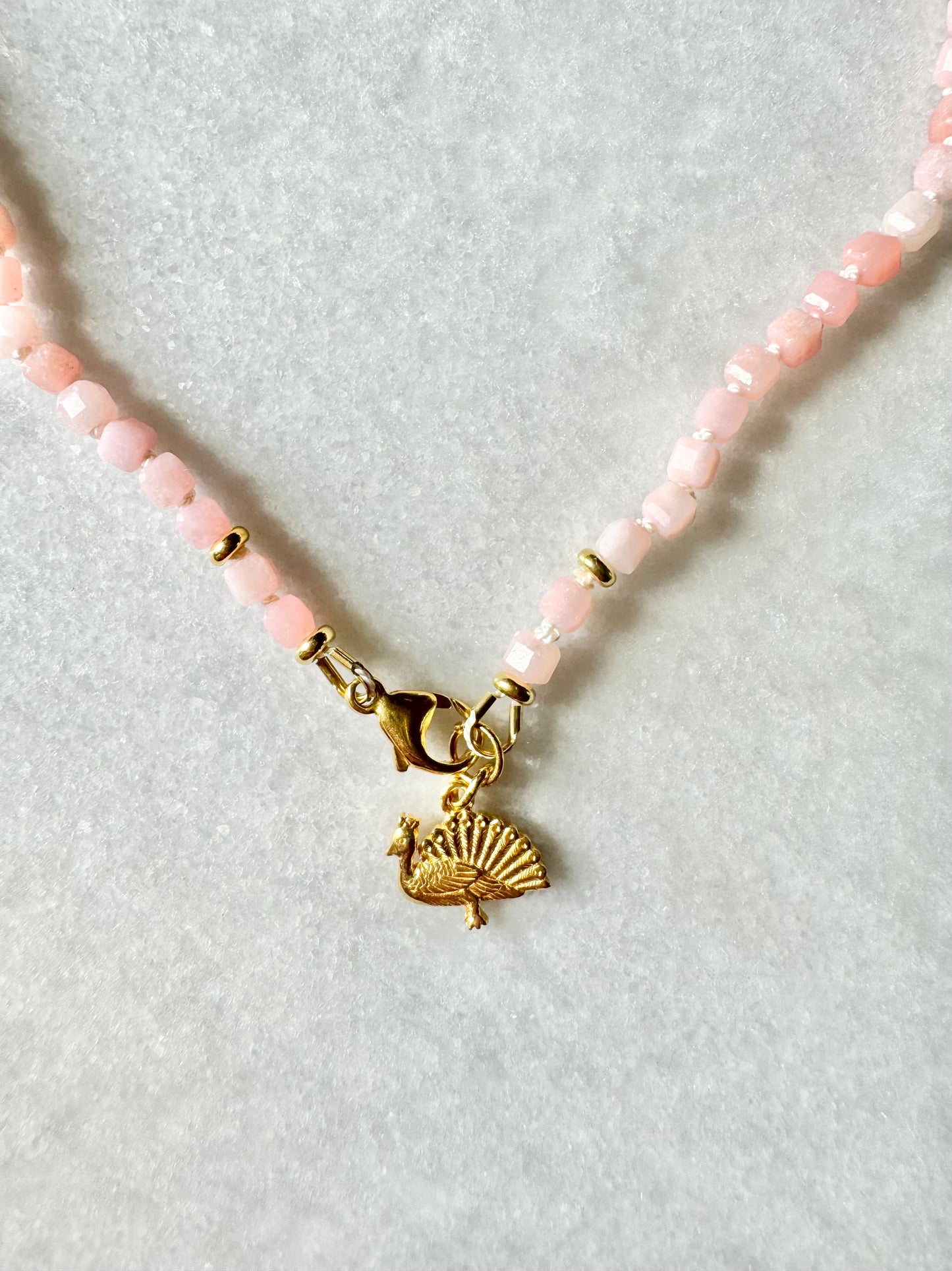 Pink Opal Hand Knotted Petal Necklace / Gold Vermeil Charm