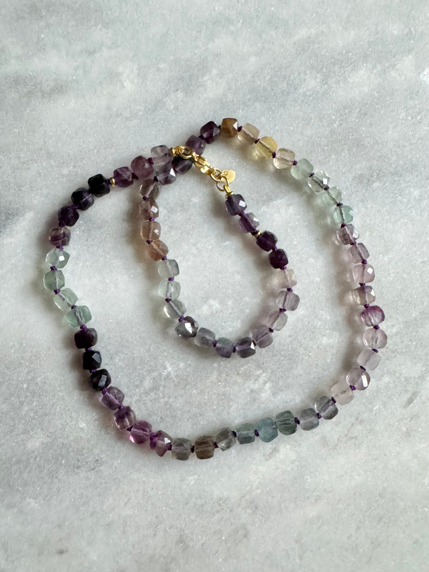 Rainbow Fluorite Hand Knotted Necklace/ Gold Vermeil